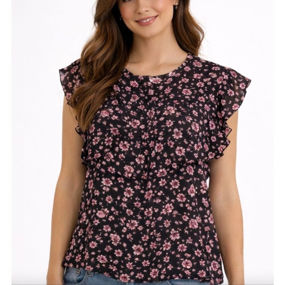 Monteau navy floral ruffle sleeve blouse size medium
